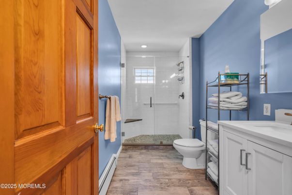 Bathroom, Glass Shower, Interior, Recessed Lighting, Wood Texture Flooring