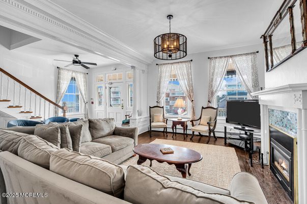 Fireplace, Interior, Living room, Pendant Lights, Wood Texture Flooring