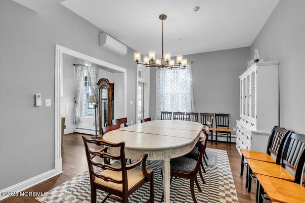 Chandelier, Dining room, Interior, Pendant Lights, Wood Texture Flooring