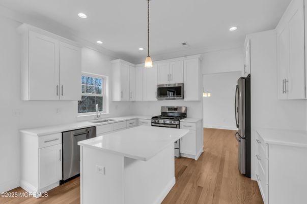 Interior, Kitchen, Pendant Lights, Recessed Lighting, Stainless Steel Appliances, Wood Texture Flooring