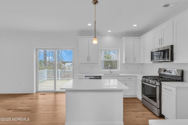Interior, Kitchen, Pendant Lights, Recessed Lighting, Stainless Steel Appliances, Wood Texture Flooring