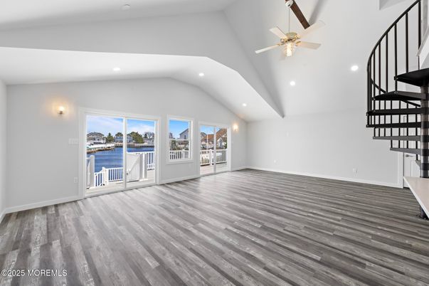 Empty room, Interior, Recessed Lighting, Water, Wood Texture Flooring