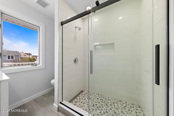 Bathroom, Glass Shower, Interior, Recessed Lighting, Wood Texture Flooring