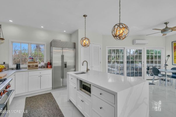 Interior, Kitchen, Marble, Pendant Lights, Recessed Lighting, Stainless Steel Appliances