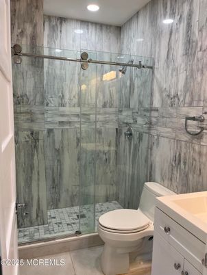 Bathroom, Glass Shower, Interior, Marble Walls, Recessed Lighting