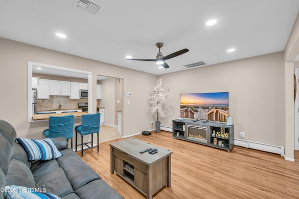 Interior, Kitchen, Living room, Recessed Lighting, Stainless Steel Appliances, Wood Texture Flooring