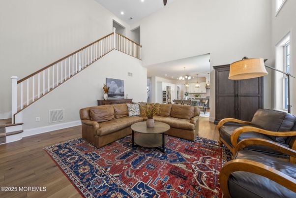 Chandelier, Interior, Kitchen, Living room, Pendant Lights, Recessed Lighting, Wood Texture Flooring