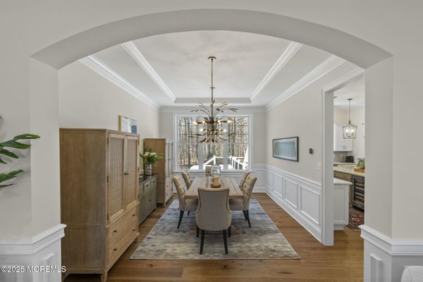 Chandelier, Dining room, Interior, Pendant Lights, Wood Texture Flooring