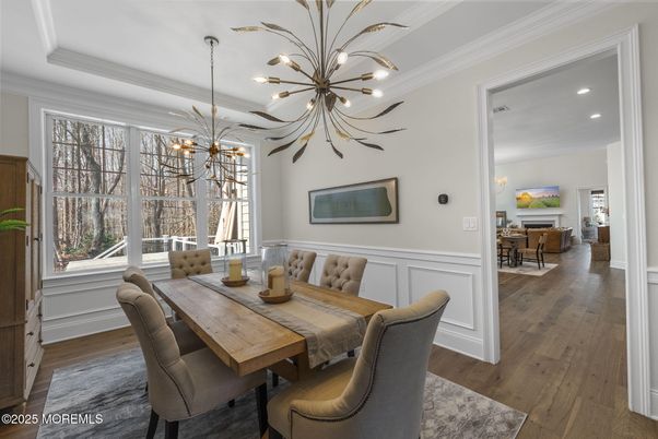 Dining room, Interior, Pendant Lights, Recessed Lighting, Wood Texture Flooring