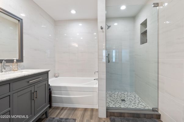 Bathroom, Glass Shower, Interior, Recessed Lighting, Wood Texture Flooring
