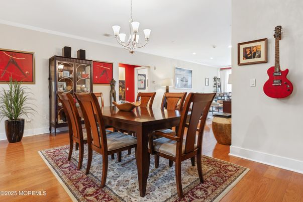 Chandelier, Dining room, Interior, Recessed Lighting, Wood Texture Flooring