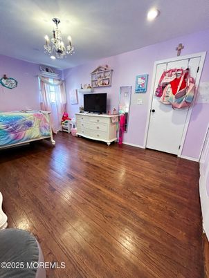 Bedroom, Chandelier, Interior, Recessed Lighting, Wood Texture Flooring