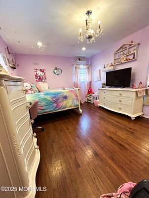 Bedroom, Chandelier, Interior, Recessed Lighting, Wood Texture Flooring