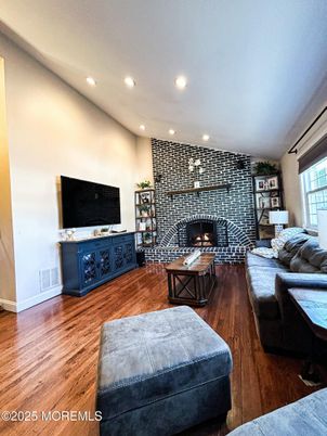 Fireplace, Interior, Living room, Recessed Lighting, Wood Texture Flooring