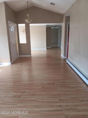 Empty room, Interior, Pendant Lights, Wood Texture Flooring