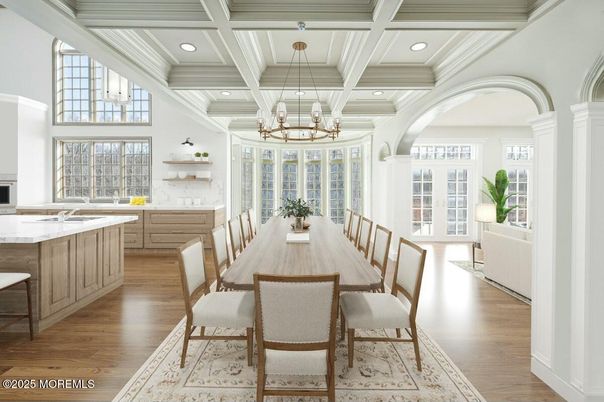 Chandelier, Dining room, Interior, Recessed Lighting, Wood Texture Flooring