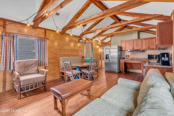 Dining room, Interior, Kitchen, Living room, Stainless Steel Appliances, Wooden Beams, Wood Texture Flooring