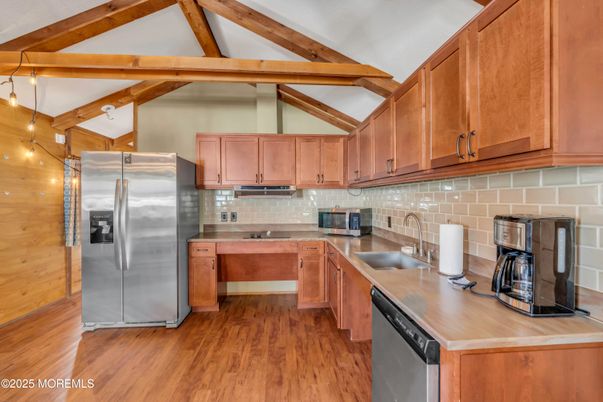 Interior, Kitchen, Pendant Lights, Stainless Steel Appliances, Wooden Beams, Wood Texture Flooring