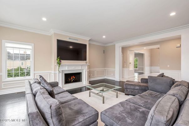 Fireplace, Interior, Living room, Recessed Lighting, Wood Texture Flooring
