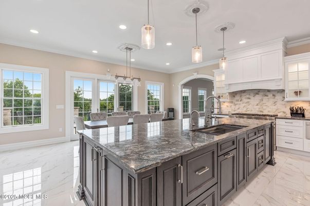 Dining room, Interior, Kitchen, Marble, Pendant Lights, Recessed Lighting, Stainless Steel Appliances