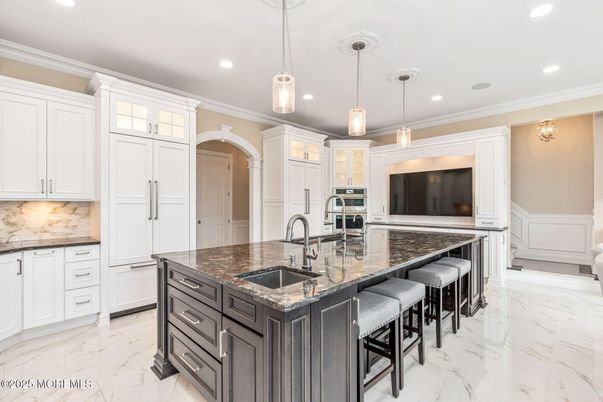 Interior, Kitchen, Marble, Pendant Lights, Recessed Lighting, Stainless Steel Appliances