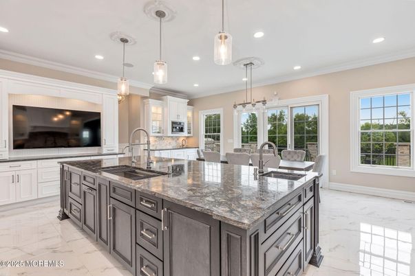 Interior, Kitchen, Marble, Pendant Lights, Recessed Lighting, Stainless Steel Appliances