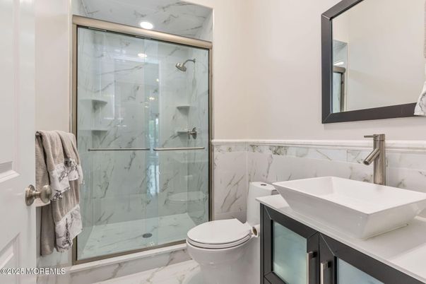 Bathroom, Glass Shower, Interior, Marble, Marble Walls, Recessed Lighting