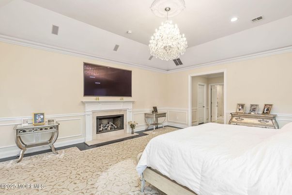 Bedroom, Chandelier, Fireplace, Interior, Recessed Lighting