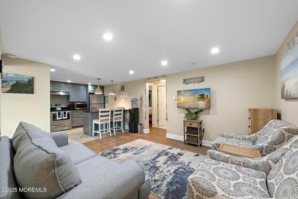 Interior, Kitchen, Living room, Pendant Lights, Recessed Lighting, Stainless Steel Appliances, Wood Texture Flooring