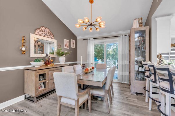 Dining room, Interior, Pendant Lights, Wood Texture Flooring