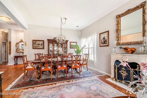 Chandelier, Dining room, Fireplace, Interior, Wood Texture Flooring