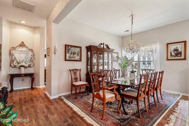 Chandelier, Dining room, Interior, Recessed Lighting, Wood Texture Flooring