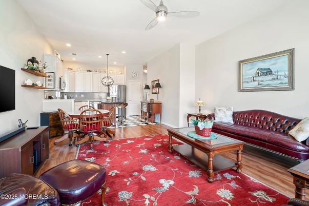 Chandelier, Dining room, Interior, Kitchen, Living room, Pendant Lights, Recessed Lighting, Wood Texture Flooring