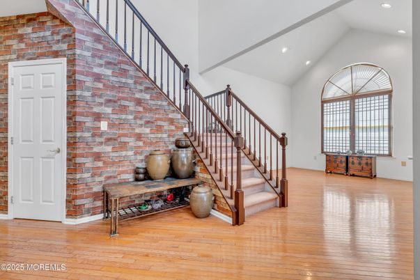 Interior, Recessed Lighting, Stone Walls, Wood Texture Flooring