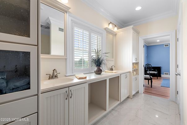 Bathroom, Dual Sink Vanities, Interior, Marble, Recessed Lighting, Wood Texture Flooring
