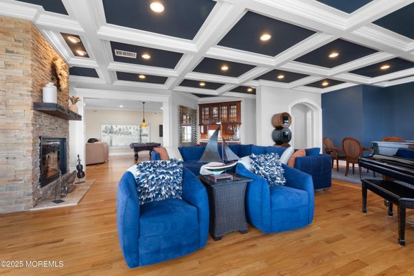 Dining room, Fireplace, Interior, Living room, Pendant Lights, Piano, Recessed Lighting, Stone Walls, Wood Texture Flooring