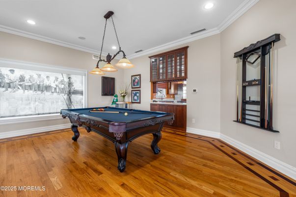 Billiard Table, Game Room, Interior, Pendant Lights, Recessed Lighting, Wood Texture Flooring