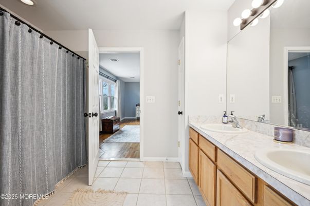 Bathroom, Dual Sink Vanities, Interior, Recessed Lighting, Wood Texture Flooring
