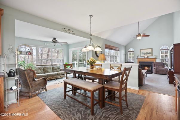 Dining room, Fireplace, Interior, Living room, Pendant Lights, Wood Texture Flooring
