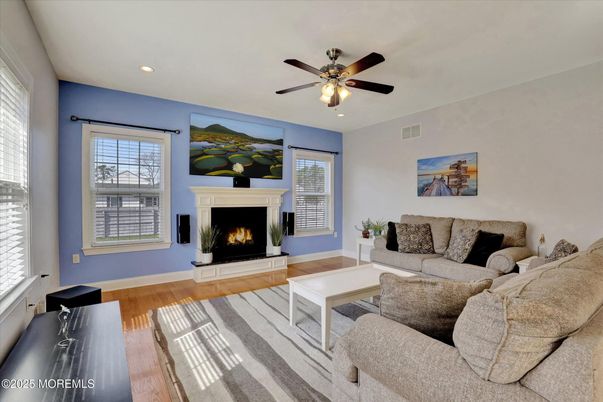 Fireplace, Interior, Living room, Recessed Lighting, Wood Texture Flooring