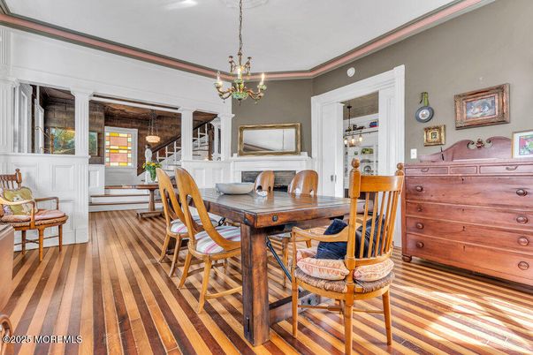 Chandelier, Dining room, Fireplace, Interior, Pendant Lights, Wood Texture Flooring