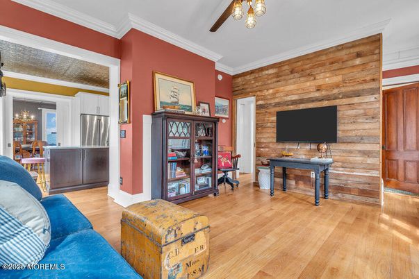 Chandelier, Interior, Kitchen, Stainless Steel Appliances, Wood Texture Flooring, Wooden Walls