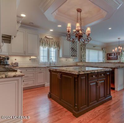 Chandelier, Interior, Kitchen, Recessed Lighting, Stainless Steel Appliances, Wood Texture Flooring