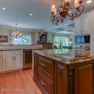Chandelier, Interior, Kitchen, Recessed Lighting, Stainless Steel Appliances, Wood Texture Flooring