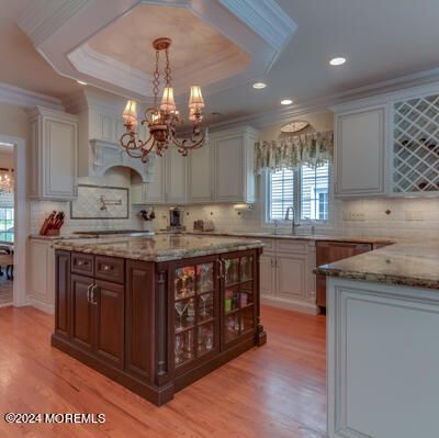 Chandelier, Interior, Kitchen, Recessed Lighting, Stainless Steel Appliances, Wood Texture Flooring
