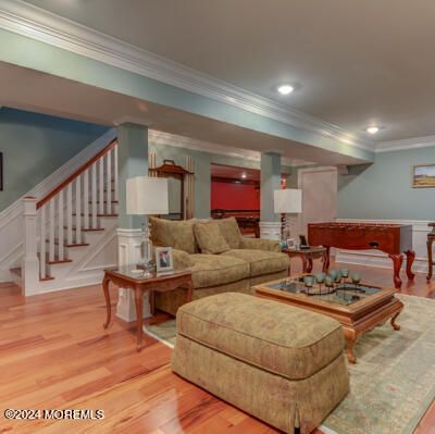 Billiard Table, Game Room, Interior, Living room, Pendant Lights, Piano, Recessed Lighting, Wood Texture Flooring