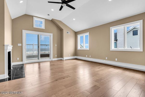 Empty room, Fireplace, Interior, Recessed Lighting, Wood Texture Flooring