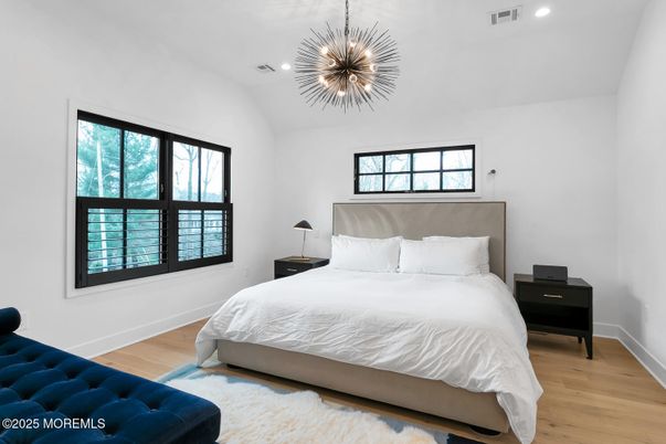 Bedroom, Interior, Pendant Lights, Recessed Lighting, Wood Texture Flooring