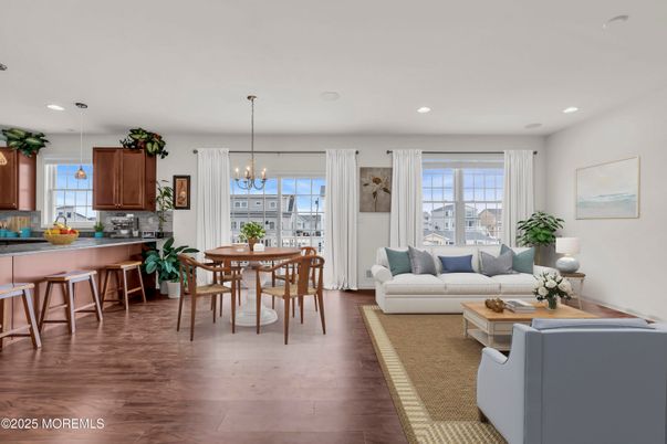 Chandelier, Dining room, Interior, Kitchen, Living room, Pendant Lights, Recessed Lighting, Wood Texture Flooring