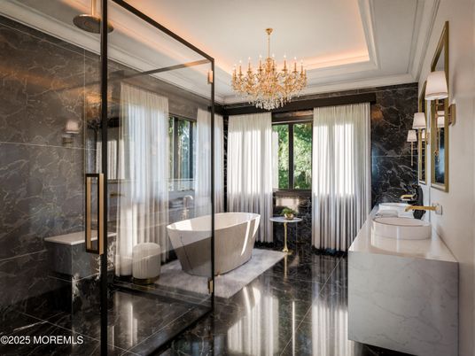 Bathroom, Chandelier, Free Standing Baths, Glass Shower, Interior, Marble, Marble Walls